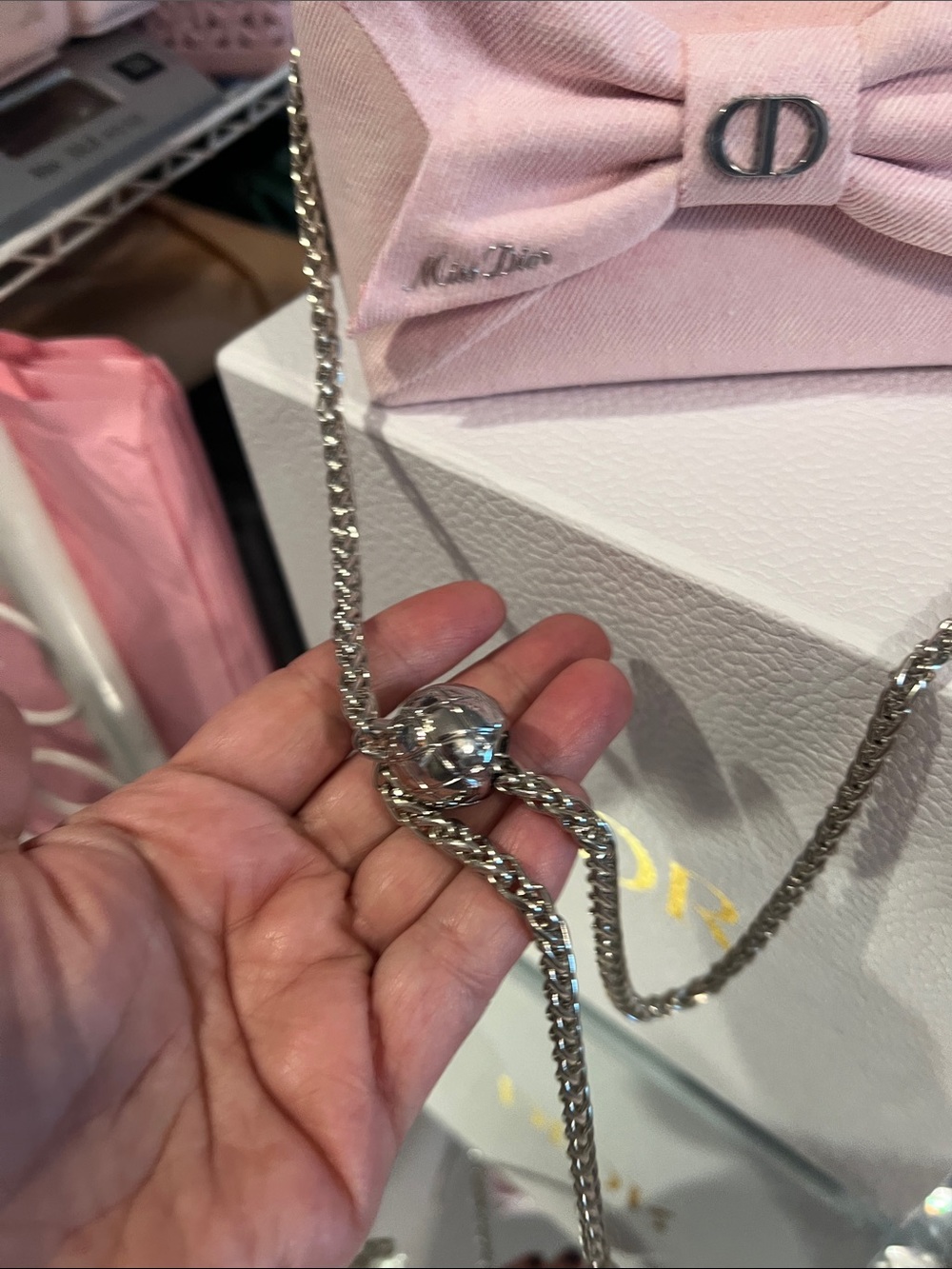 Dior Light Pink Bow Mini Bag with Adjustable Silver Chain - Picture 8 of 9